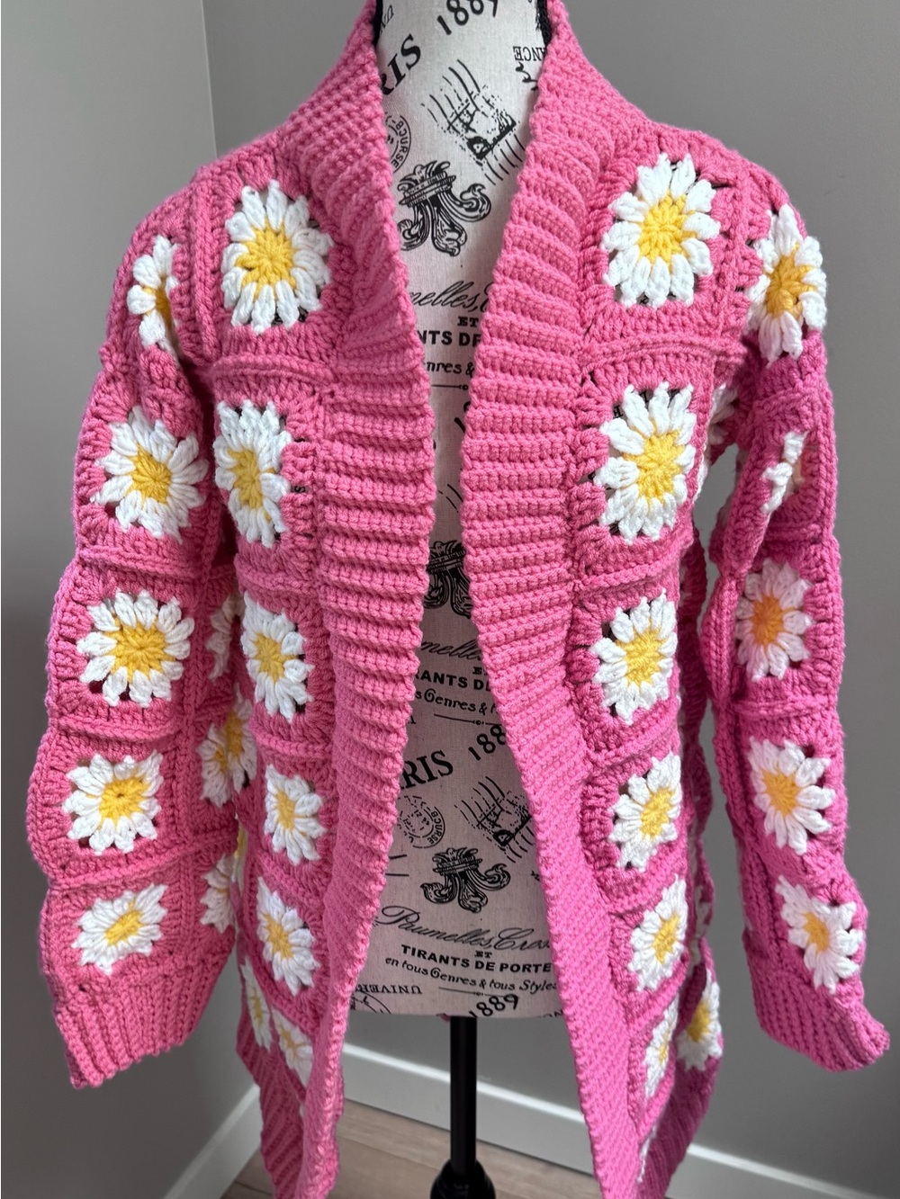 Pink Daisy Crochet Cardigan Sweater Handmade with Love by L&F